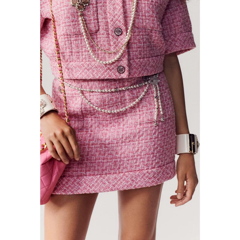 Celebrity style daughter suit short jacket half skirt pink celebrity temperament tweed French high-end sense