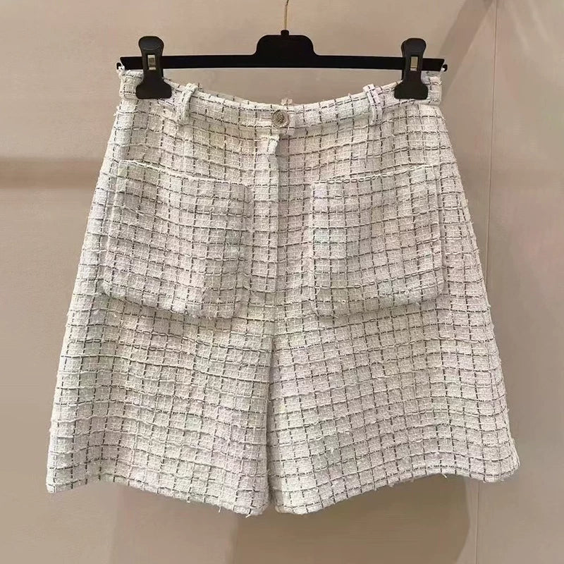 Early spring new shorts women's tweed plaid wide-leg pants temperament versatile and thin high-end women's clothing