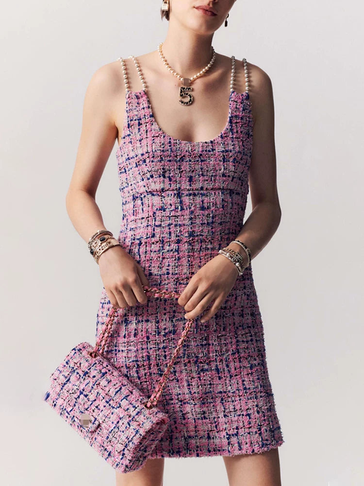 High-end dress women's pearl suspenders pink waist and thin daughter French style celebrity sexy skirt