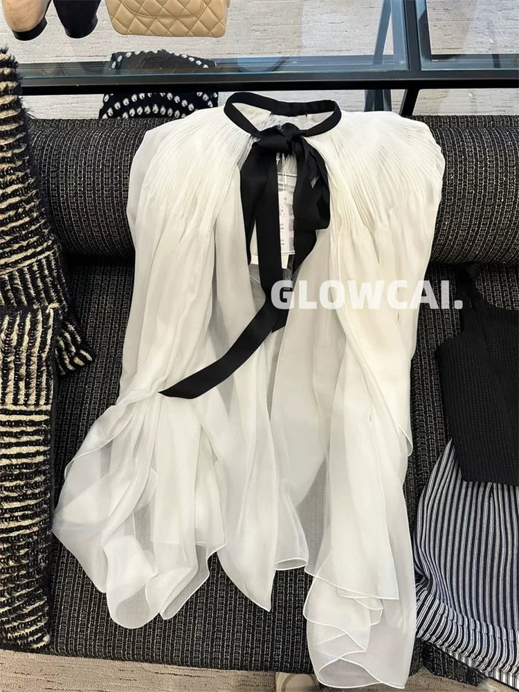 Spring and summer 26ss June, mulberry silk~ 25s spring and summer white moonlight fairy white bow strap shawl cape shirt temperament top