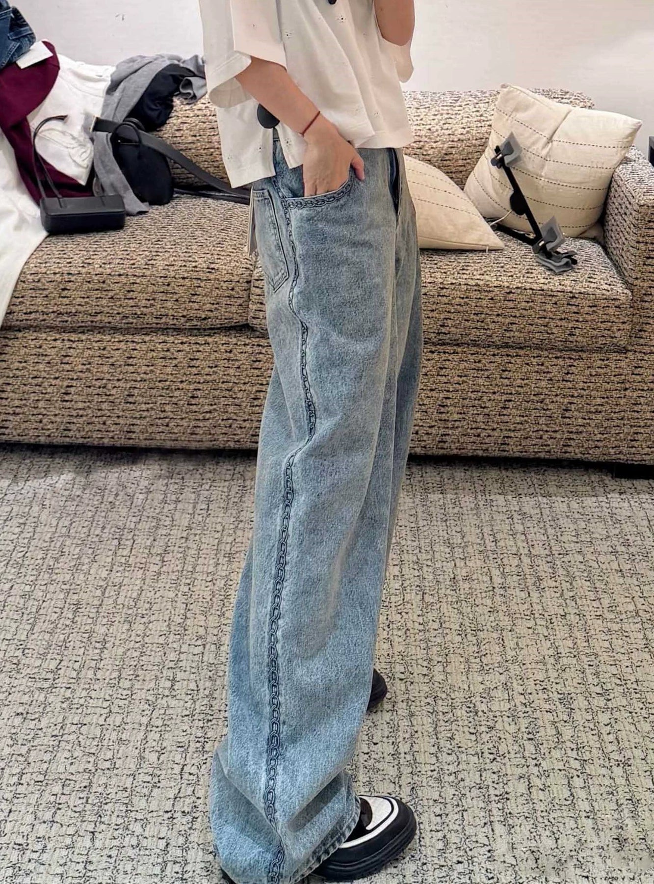 Spring and summer 26ss June, Nanyou 2026 spring and summer new heavy industry three-dimensional piping embroidery straight high waist loose and thin wide-leg jeans