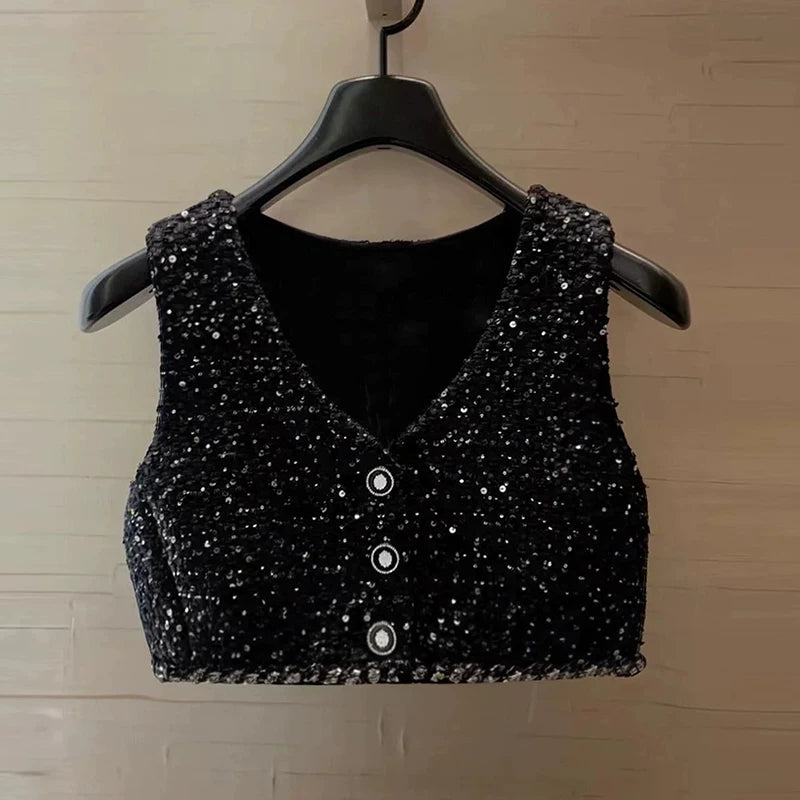 Sequin suit, vest, skirt, autumn French stacked top, black tweed two-piece set