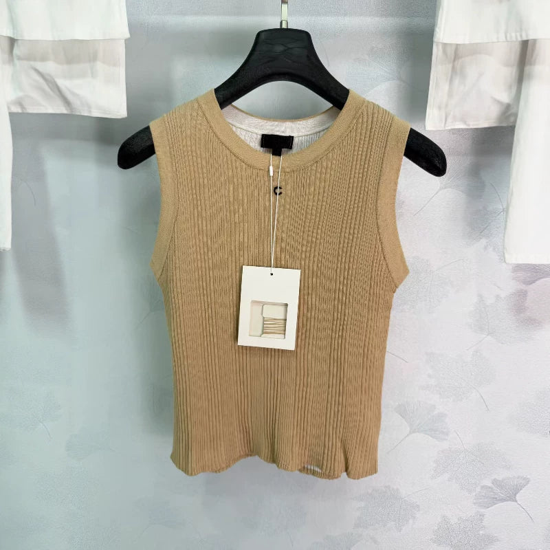 Spring summer 26ss June Nanyou haute couture 26M summer new chest hardware logo sleeveless top slim crew neck knitted vest