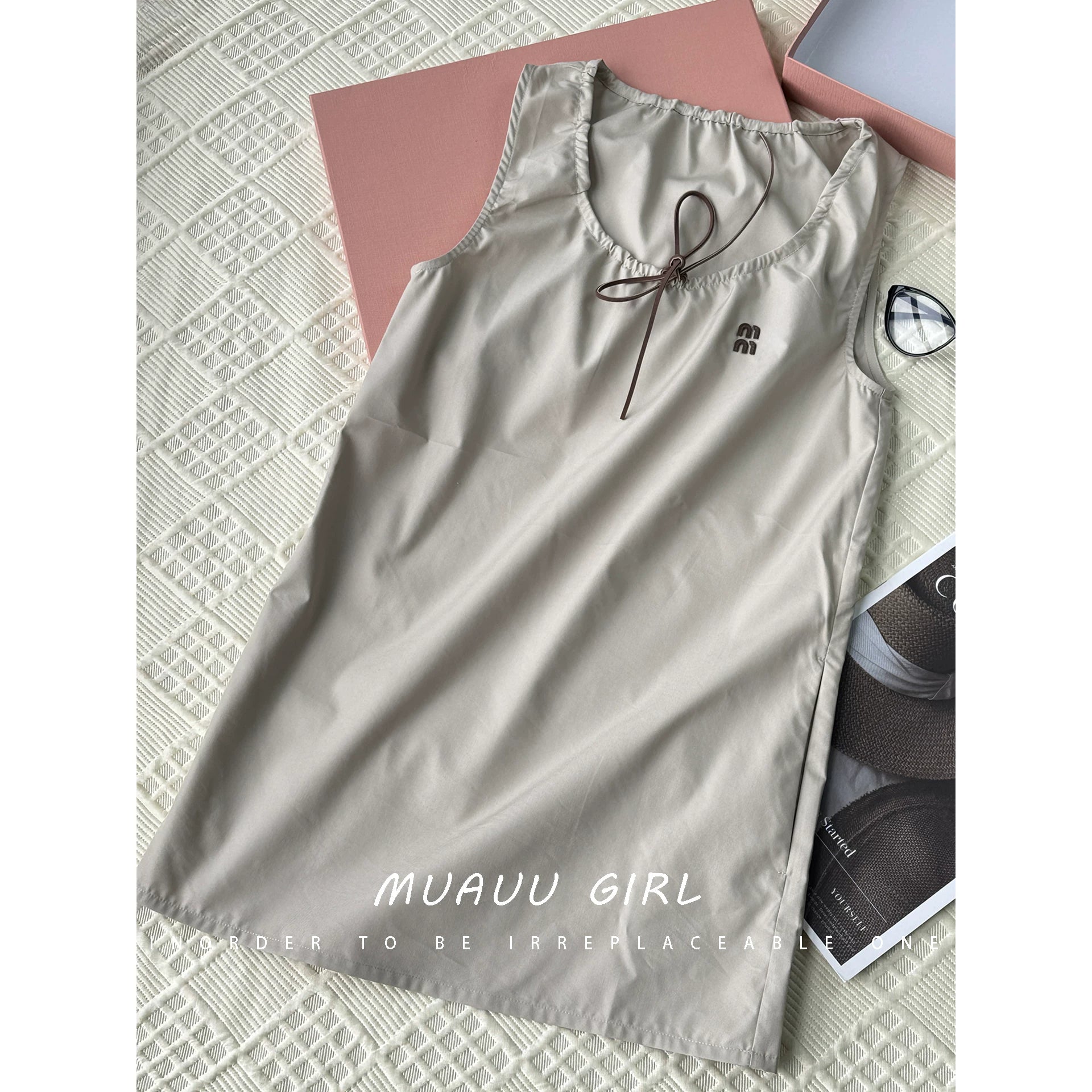 Spring and summer 26ss June MUAUU GIRL pure and lovely! 26S new letter embroidered drawstring lace-up vest + short skirt + dress