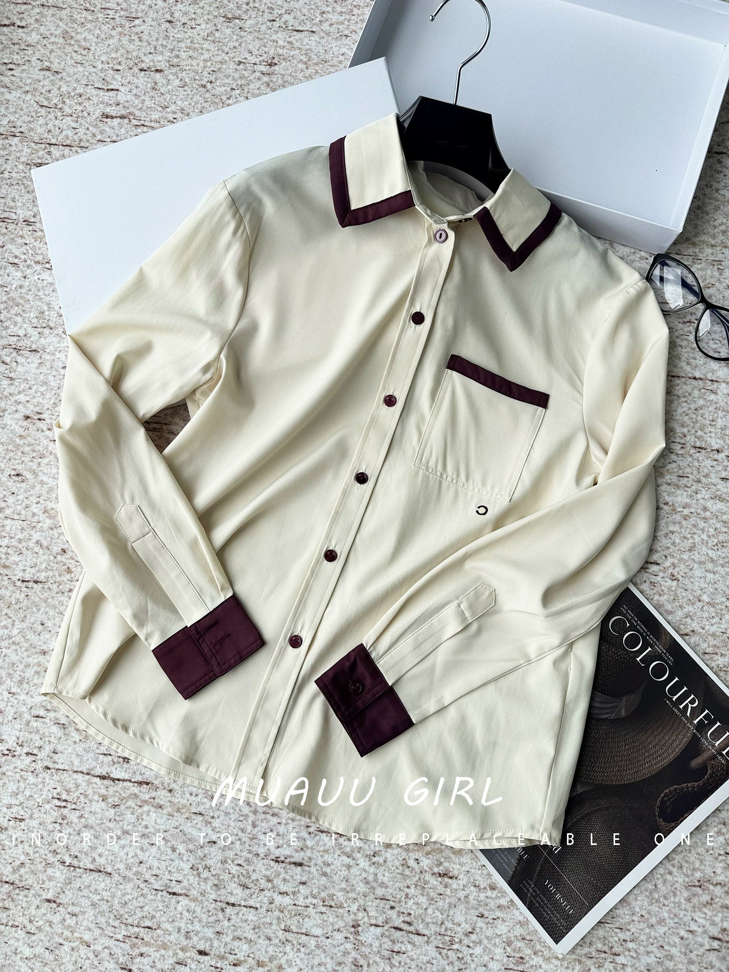 Spring and summer 26ss June MUAUU GIRL Senior Sister Gao Zhi! 26SS commuter style retro contrasting color lapel pocket long-sleeved shirt/vest