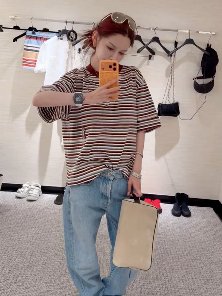 Spring and summer 26ss June, Nanyou 2026 spring and summer new hippocampus embroidery pocket design loose round neck casual soft T-shirt short-sleeved top