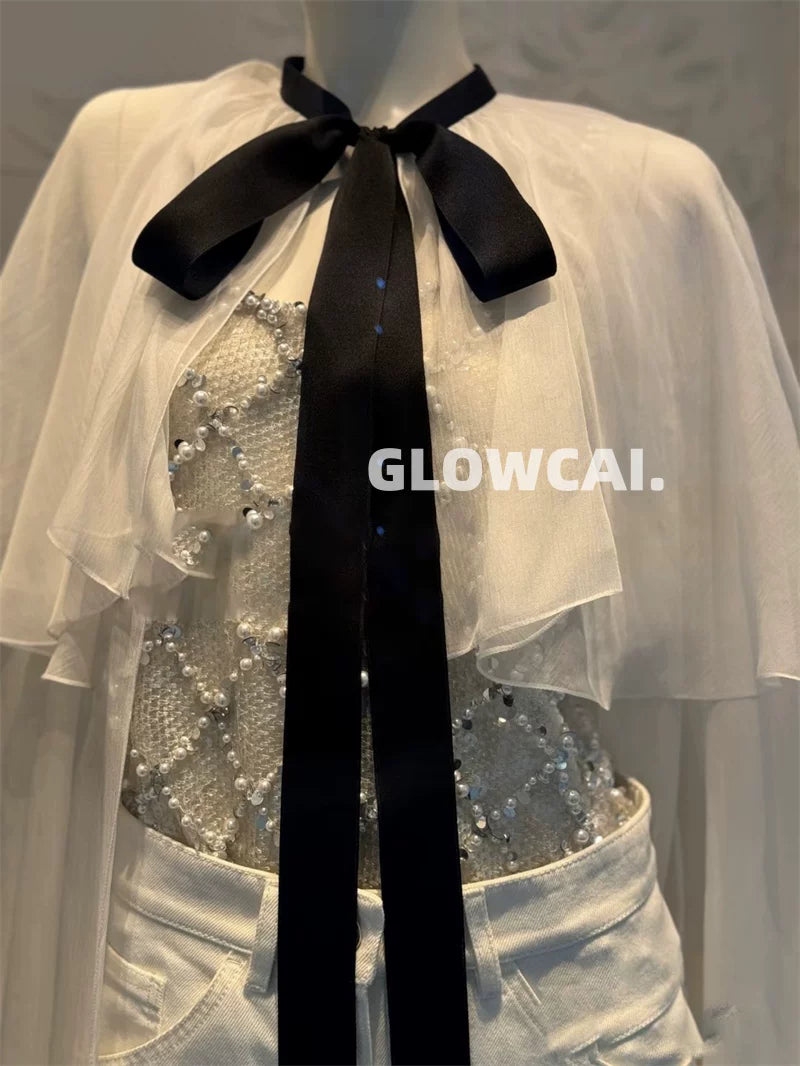 Spring and summer 26ss June, mulberry silk~ 25s spring and summer white moonlight fairy white bow strap shawl cape shirt temperament top