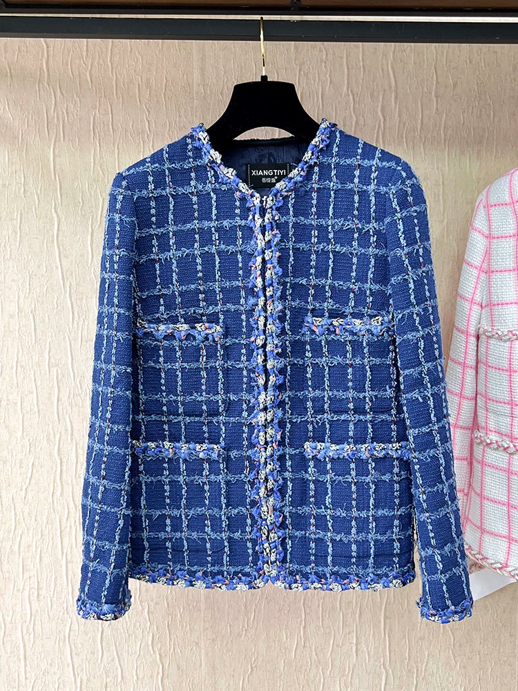 Star Wang Yibo same coat women's blue plaid tweed haute couture celebrity temperament couple top
