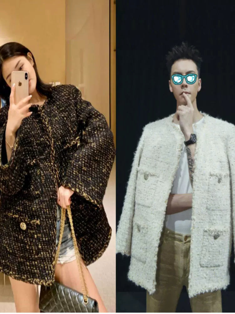 Black gold coat, socialite spring new Chen Weiting wool thickened loose padded coarse tweed top