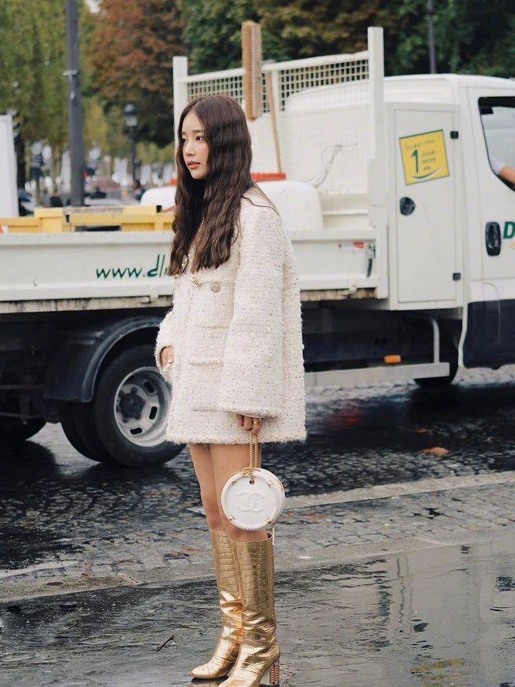 Black gold coat, socialite spring new Chen Weiting wool thickened loose padded coarse tweed top