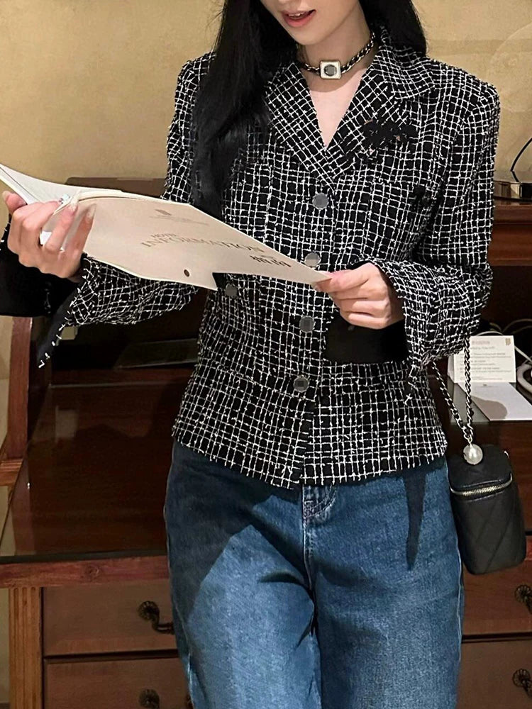 24 Spring and Autumn New Celebrity Temperament Plaid Jacket Women's Suit Collar Short Superior Tweed Wool