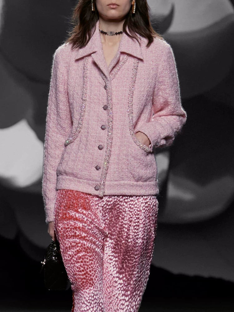 Celebrity wool tweed pink tweed coat women's suit collar high-end jacket top women's clothing autumn and winter