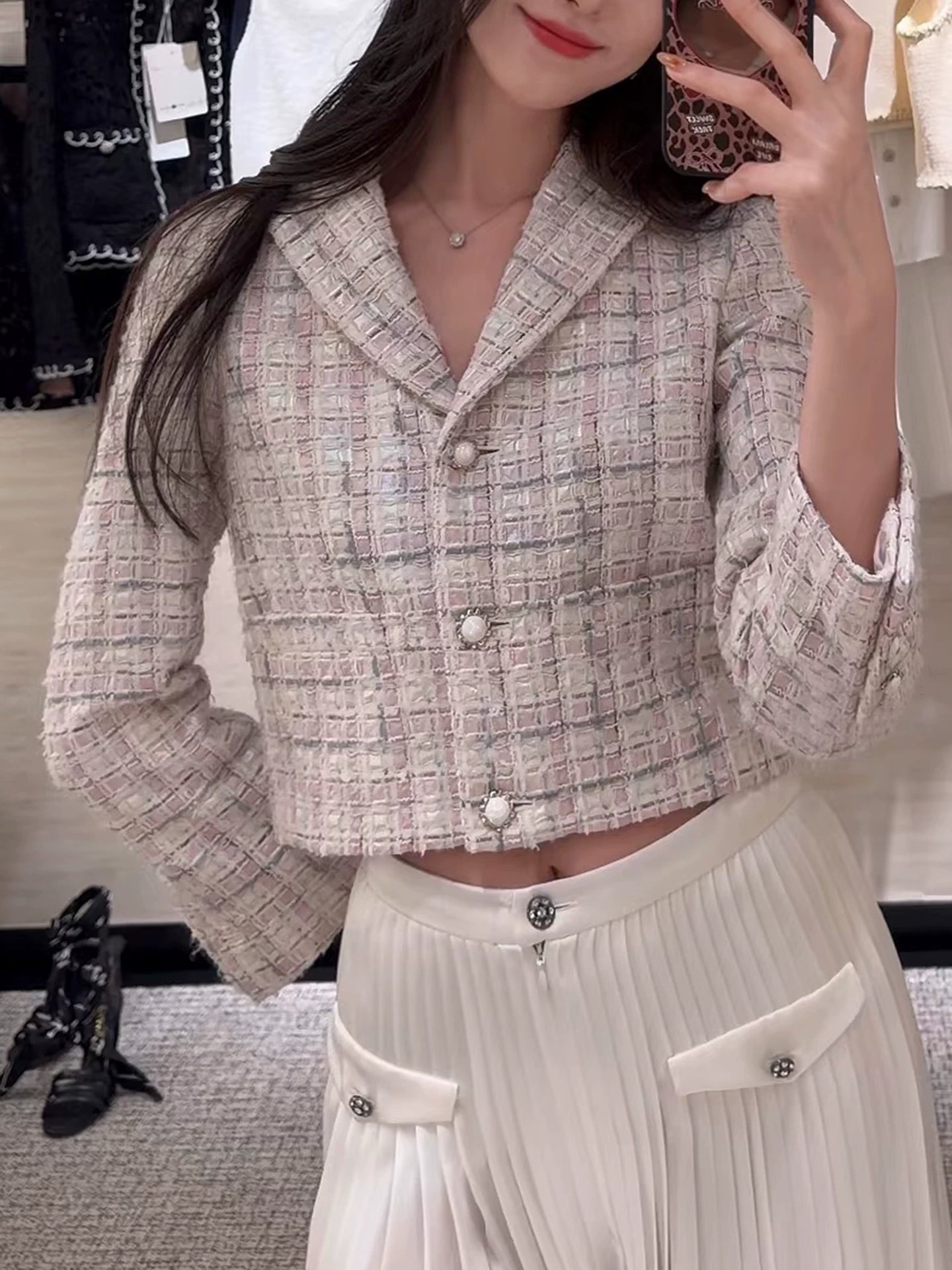 2026 tweed suit women's short jacket wide-leg pants soft tweed weaving star of the same style celebrity two-piece set