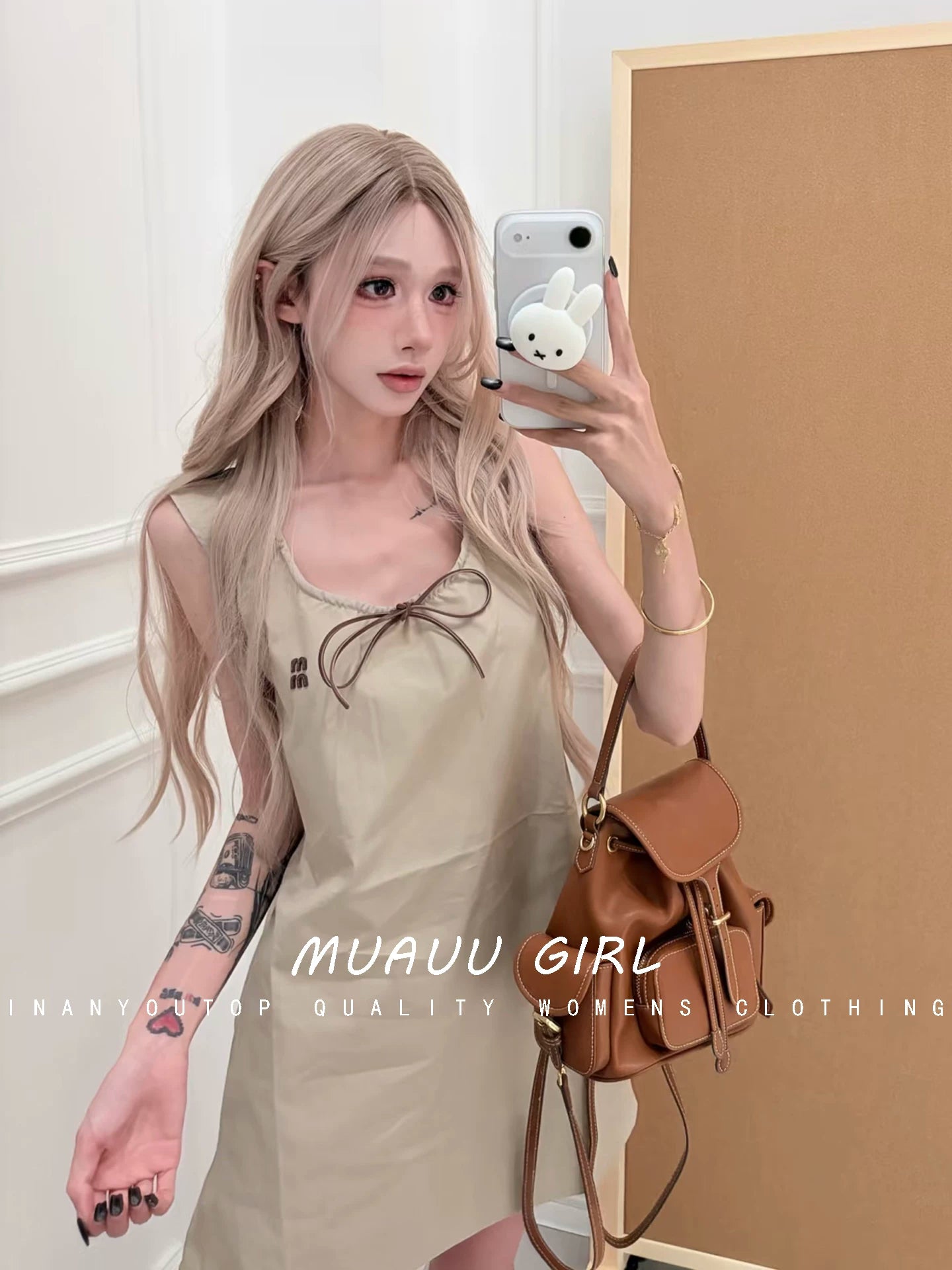 Spring and summer 26ss June MUAUU GIRL pure and lovely! 26S new letter embroidered drawstring lace-up vest + short skirt + dress