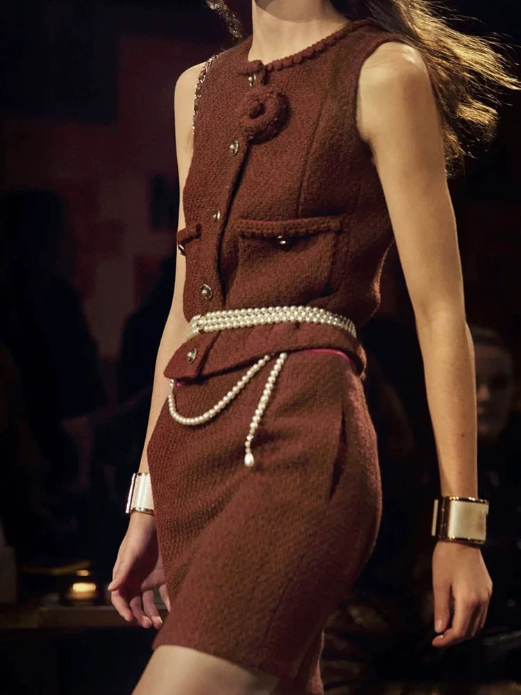 25 Early Autumn Celebrity Suit Vest Skirt Wool Tweed Retro Reddish-Brown Two-piece Women's Clothing
