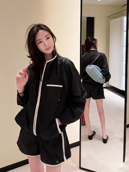 Spring and summer 26ss June, Nanyou haute couture 26M summer beach series white edge contrasting color high waist shorts stand-up collar zipper sunscreen jacket