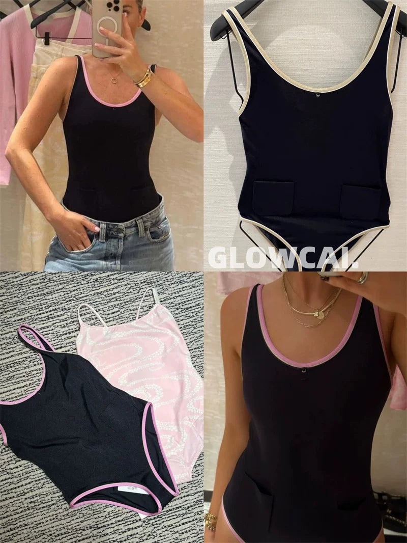 Spring and summer 26ss June 25M beach series spring and summer vacation style contrasting color one-piece swimsuit wearing sexy halter sling vest