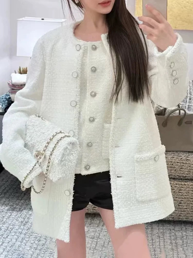 25 Early spring new coat women's medium and long wool tweed celebrity temperament versatile top high-end women's clothing