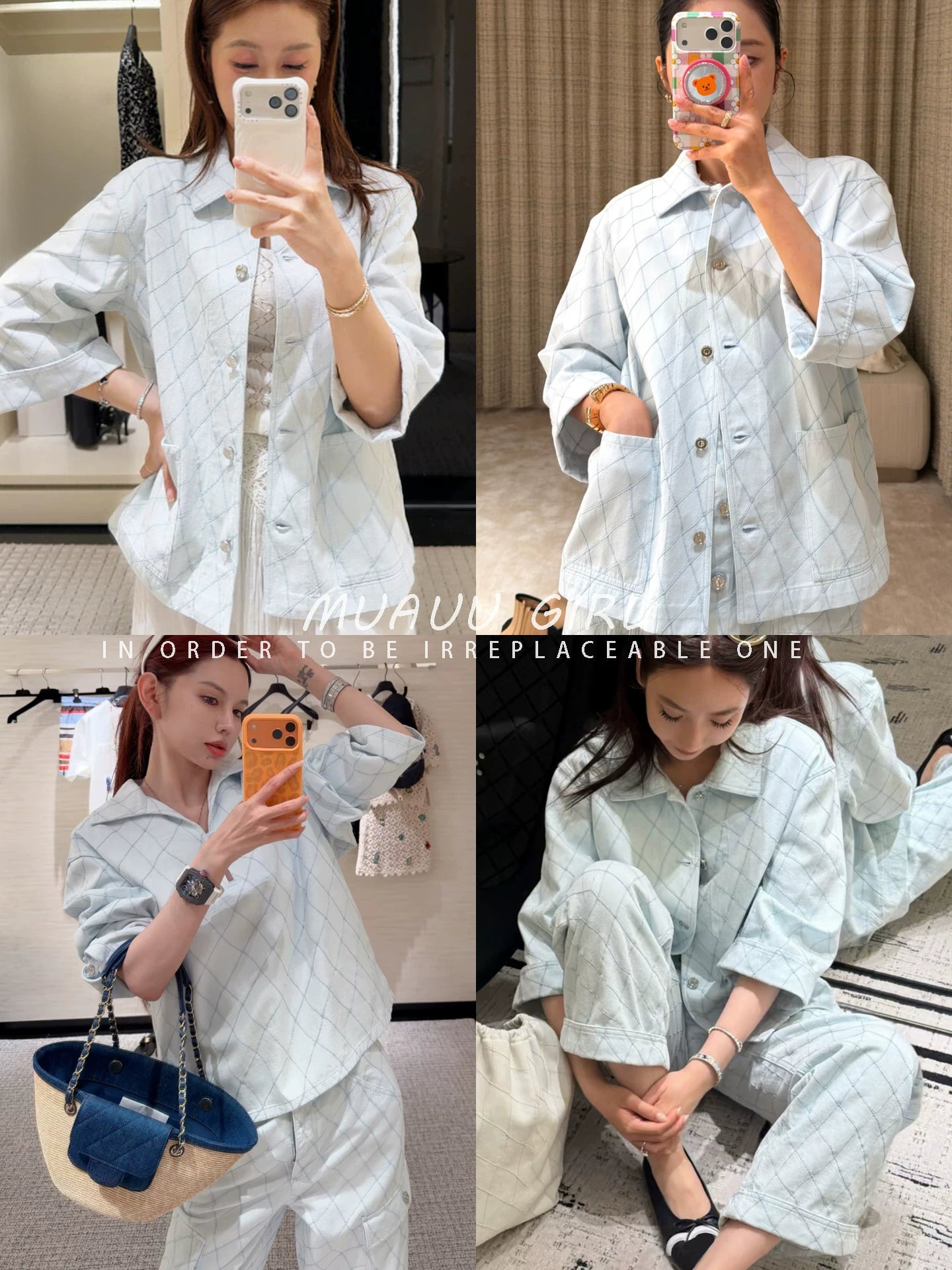 Spring/summer 26ss June MUAUU GIRL vacation collection! 26SS rhombus denim jacket/trousers/shorts/dress