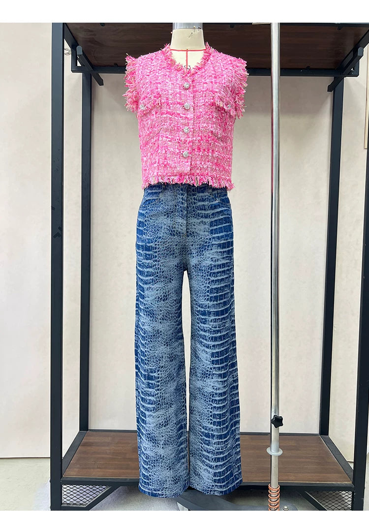 French retro jeans women's 2025 summer loose straight trousers wide-leg trousers snakeskin pattern personalized trendy trousers