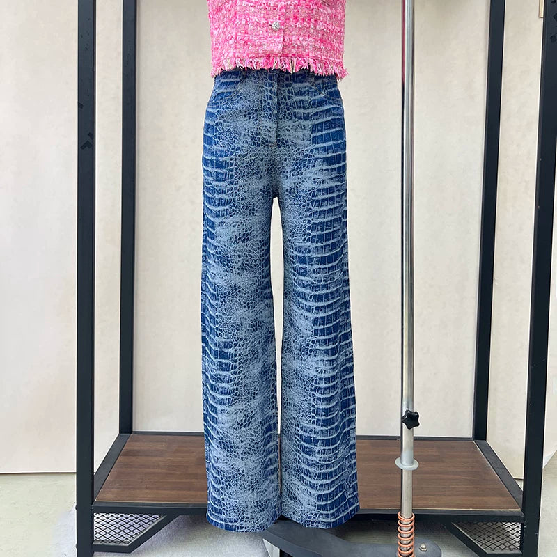 French retro jeans women's 2025 summer loose straight trousers wide-leg trousers snakeskin pattern personalized trendy trousers