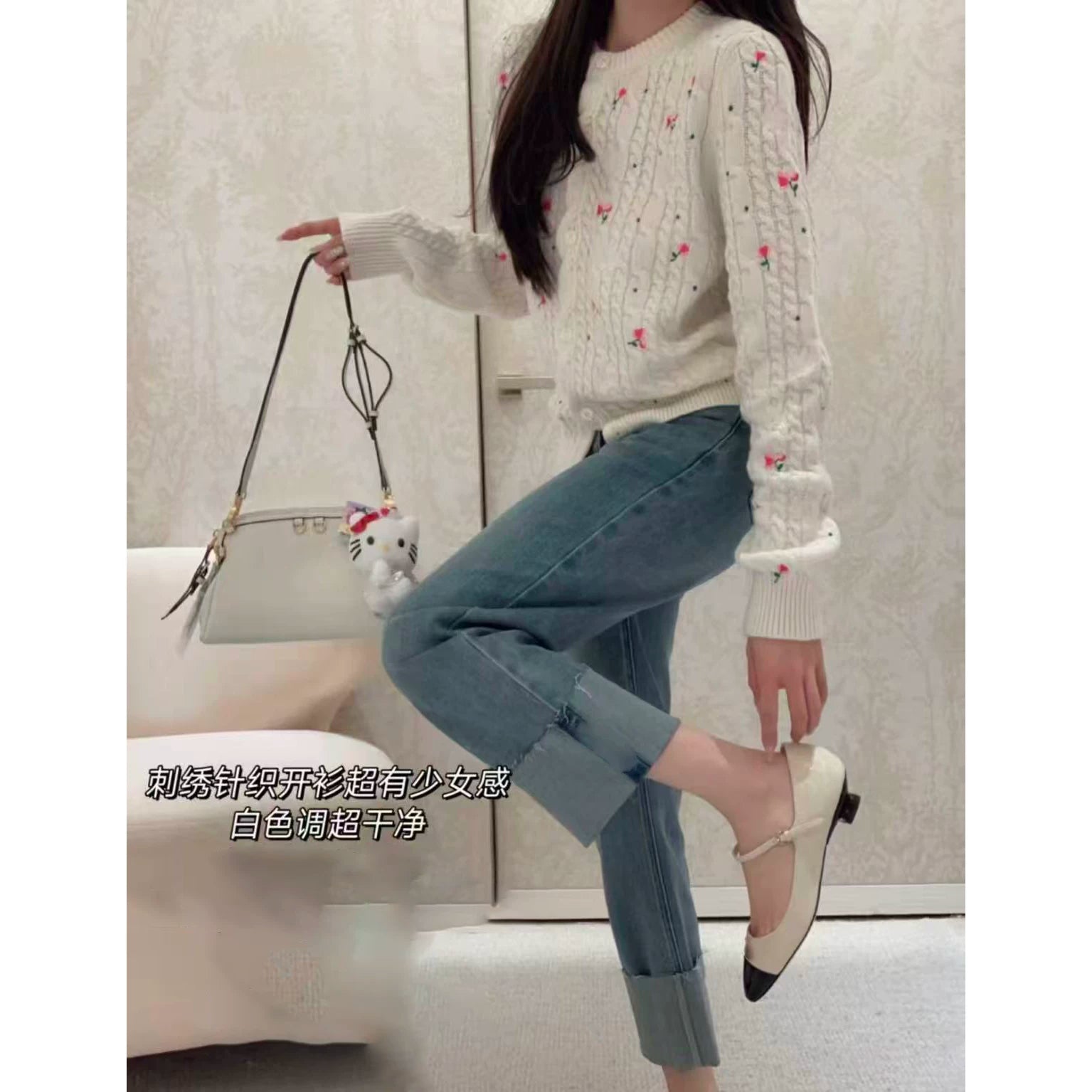 2026 early spring heavy industry elegant wind embroidery temperament rose flower foreign style age-reducing girl knitted cardigan jacket women