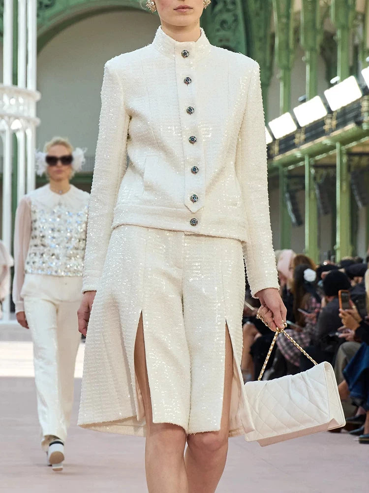 New jacket stand-up collar sequined thin split trousers fried street Internet celebrity fashionable foreign fashion suit women