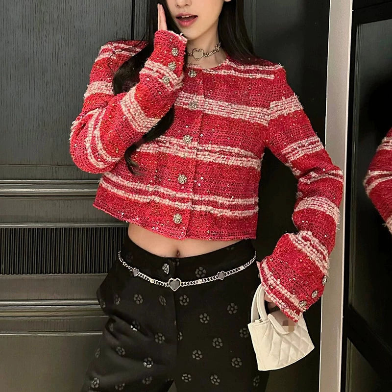 Celebrity temperament sequined striped jacket women's crew neck short top high-end wool tweed women's clothing