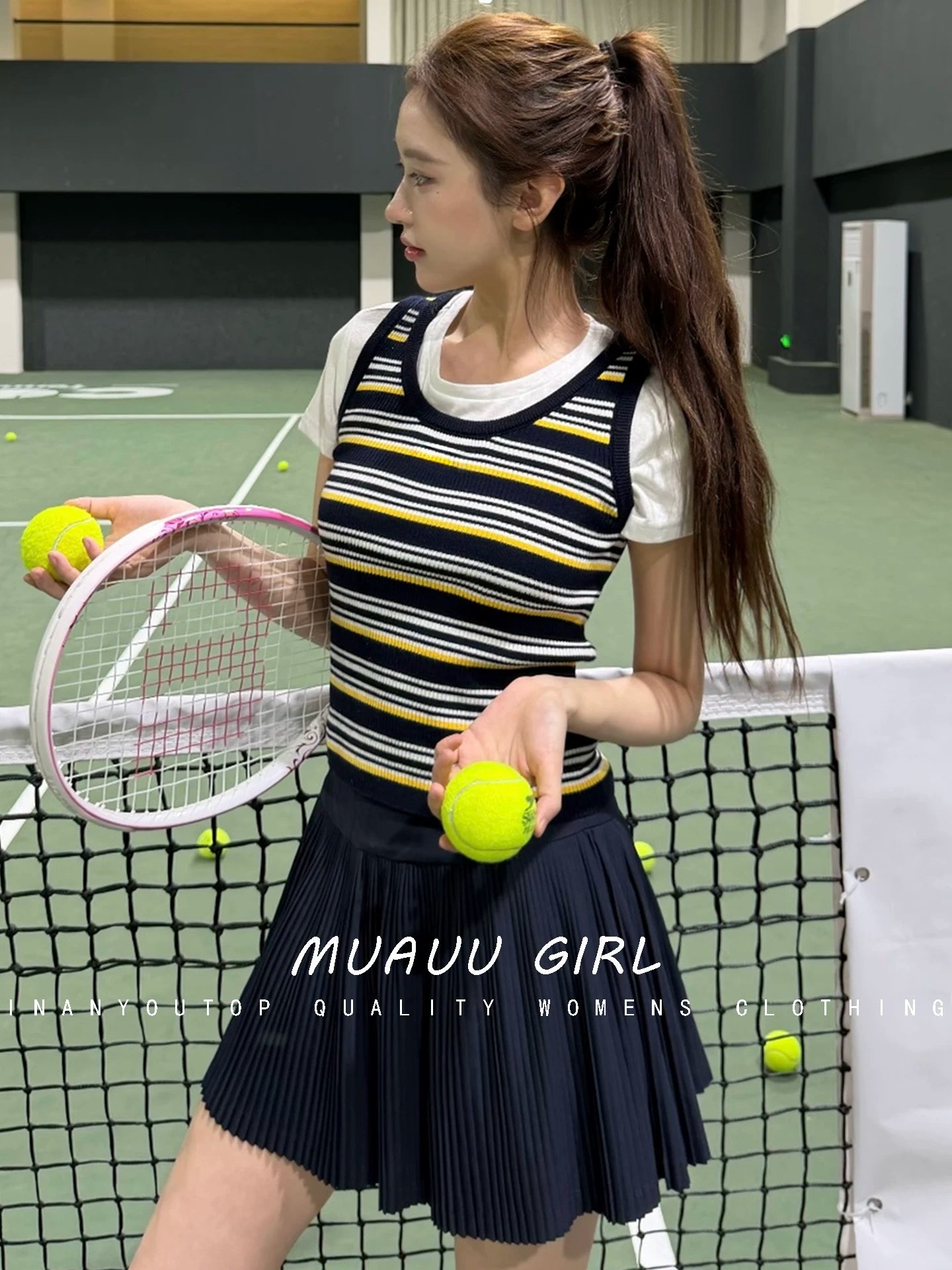 Spring/Summer 26ss June MUAUU GIRL Summer Story! 26SS Alphabet Patch Contrast Color Striped Slim-Fit U-Neck Knitted Vest Top