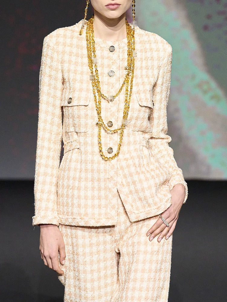 New plaid jacket straight-leg pants celebrity style high-end wool tweed suit two-piece set