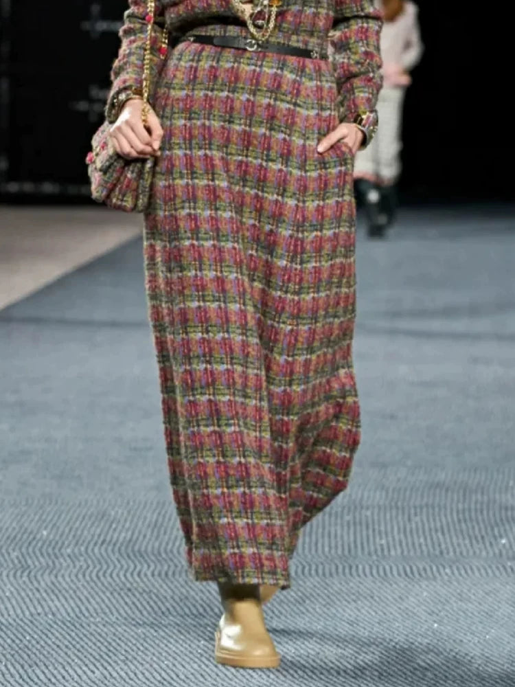 Autumn and winter new wool blended color tweed set, coat skirt, women's long high waist and thin two-piece set