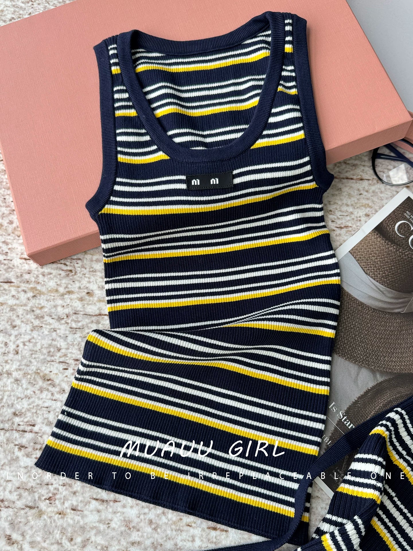 Spring/Summer 26ss June MUAUU GIRL Summer Story! 26SS Alphabet Patch Contrast Color Striped Slim-Fit U-Neck Knitted Vest Top