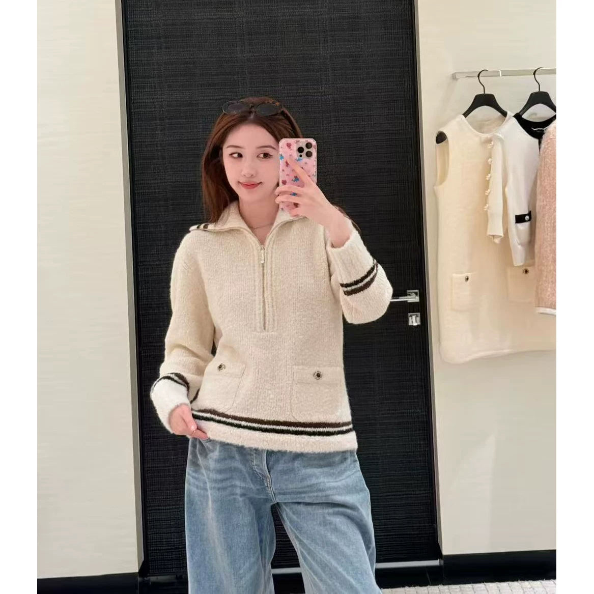 2025 autumn and winter foreign style ski bow v-neck half zipper knitted long-sleeved cardigan + high waist skirt women's suit