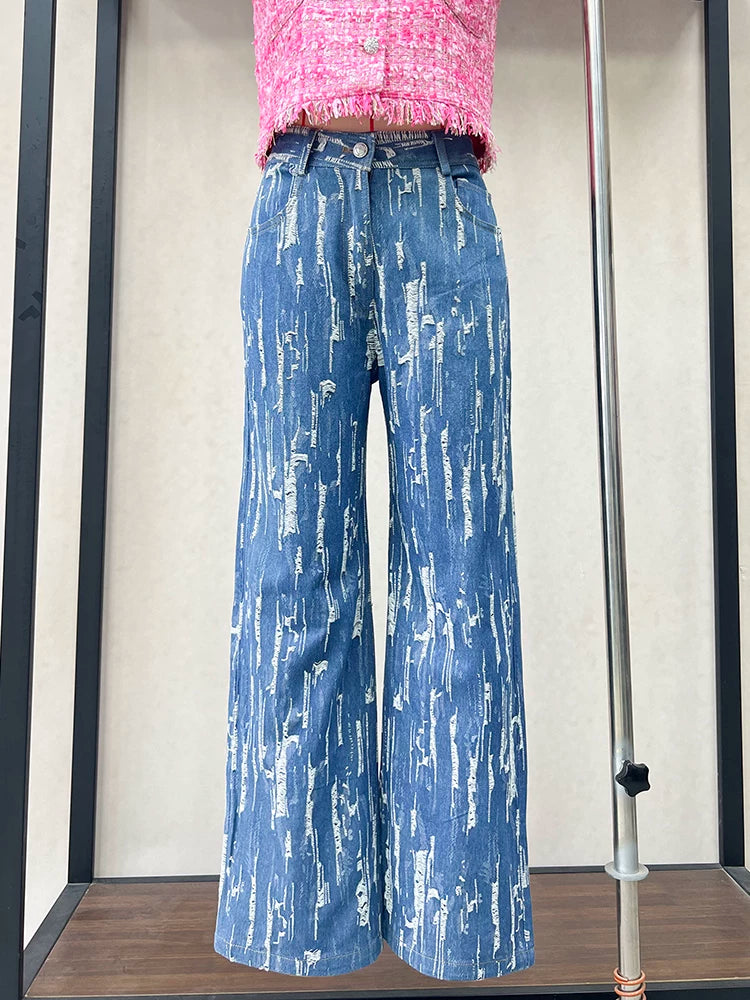 French retro jeans women's 2025 summer loose straight trousers wide-leg trousers snakeskin pattern personalized trendy trousers