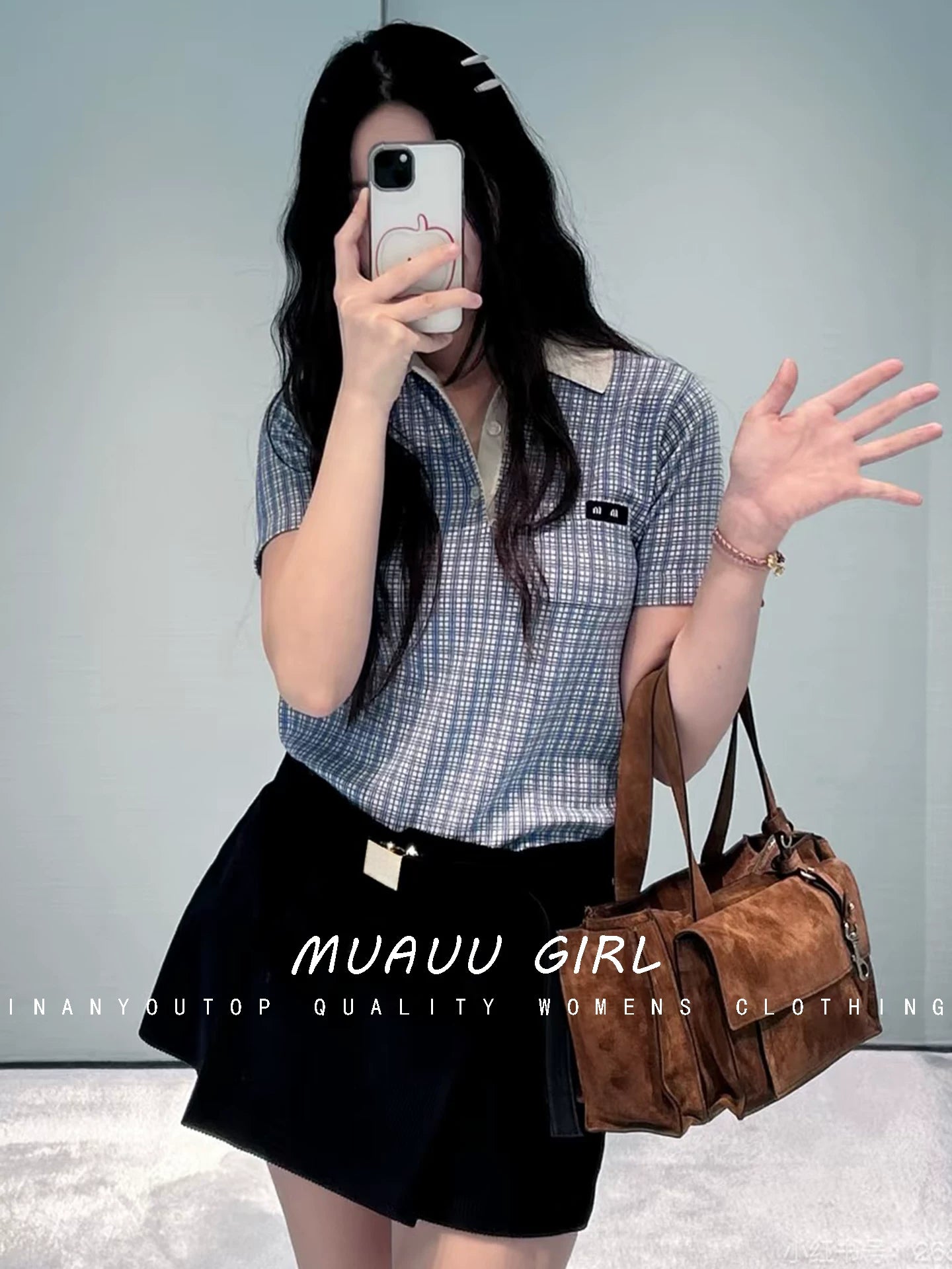 Spring/Summer 26ss June MUAUU GIRL Sweet Summer! 26SS College Style Letter Logo Polo Short Sleeve Knitwear T-Shirt Top