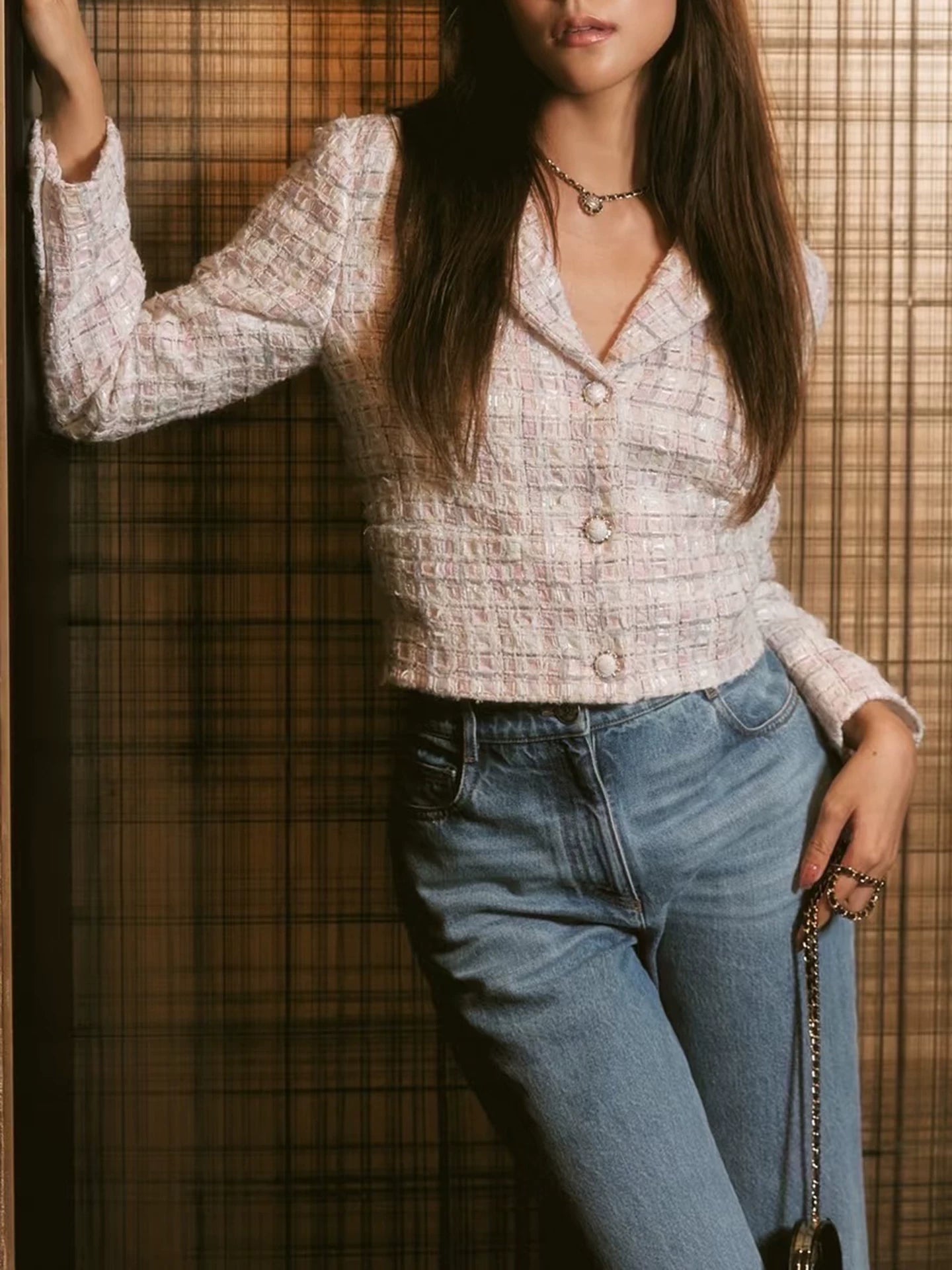 2026 tweed suit women's short jacket wide-leg pants soft tweed weaving star of the same style celebrity two-piece set