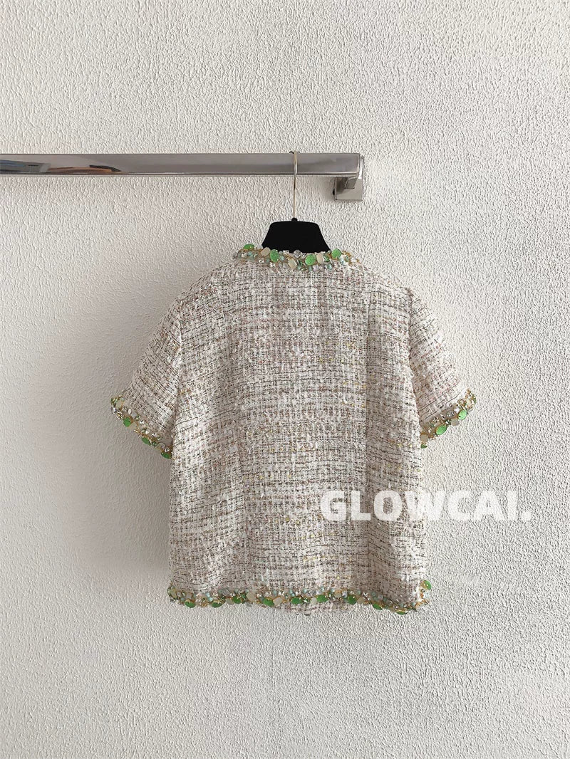Spring and summer 26ss June 26c Fragrant wind vacation series daughter heavy industry rice gold tweed green bead short-sleeved crew neck jacket top