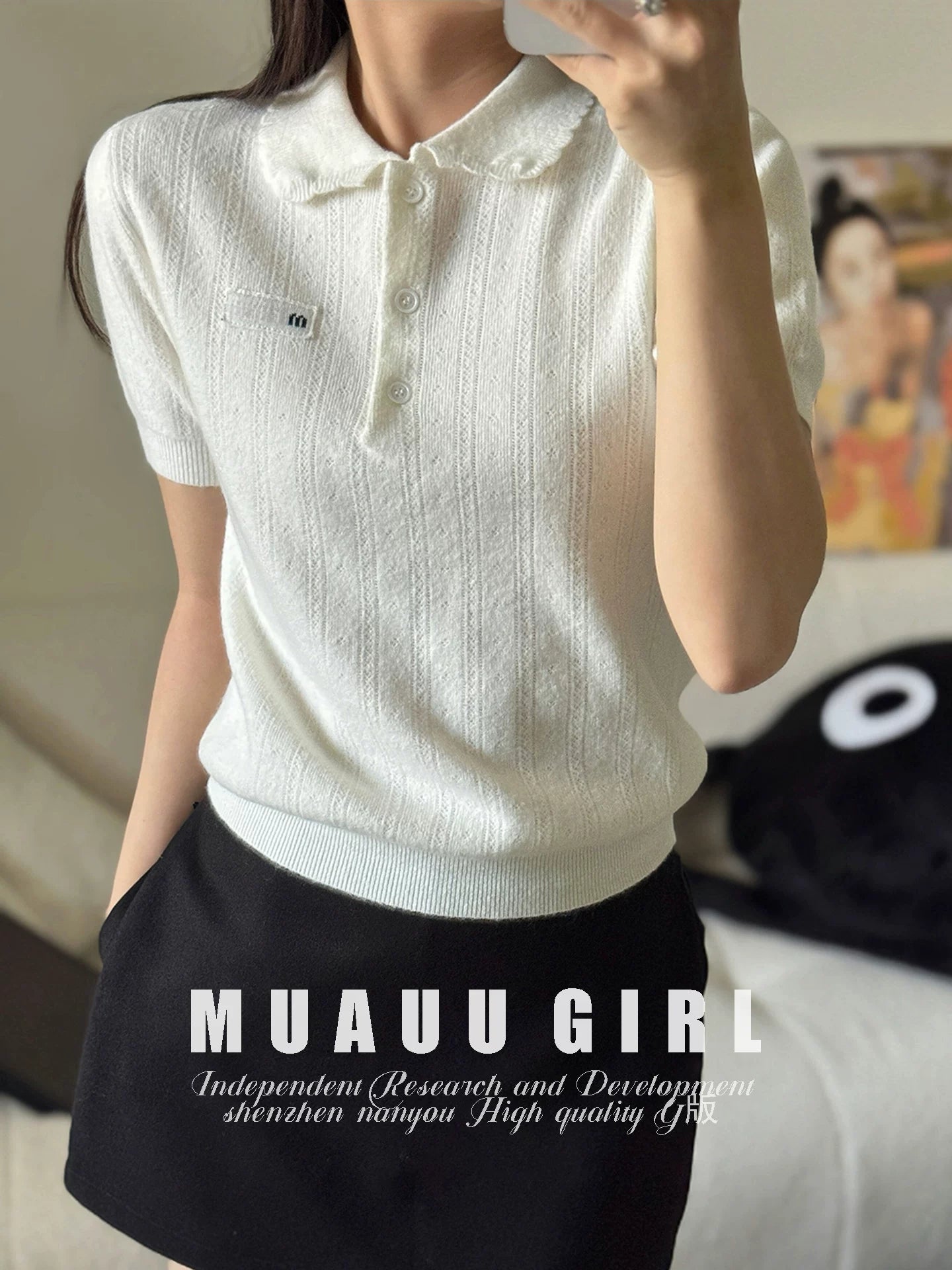 Spring/Summer 26ss June MUAUU GIRL 1-12 "Top Matching Edition~ Gentle White Moonlight" 26s White Doll Collar Short Sleeve Knitted Sweater Women