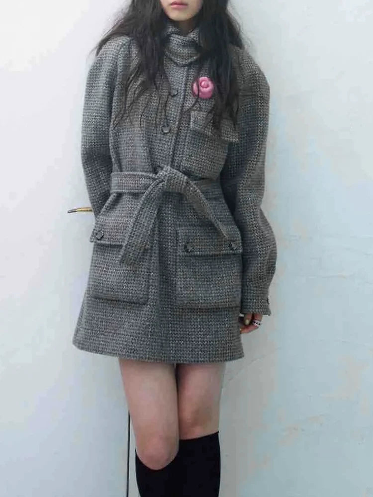 Autumn and winter new coat women's lapel belt gray wool tweed jacket medium and long coat