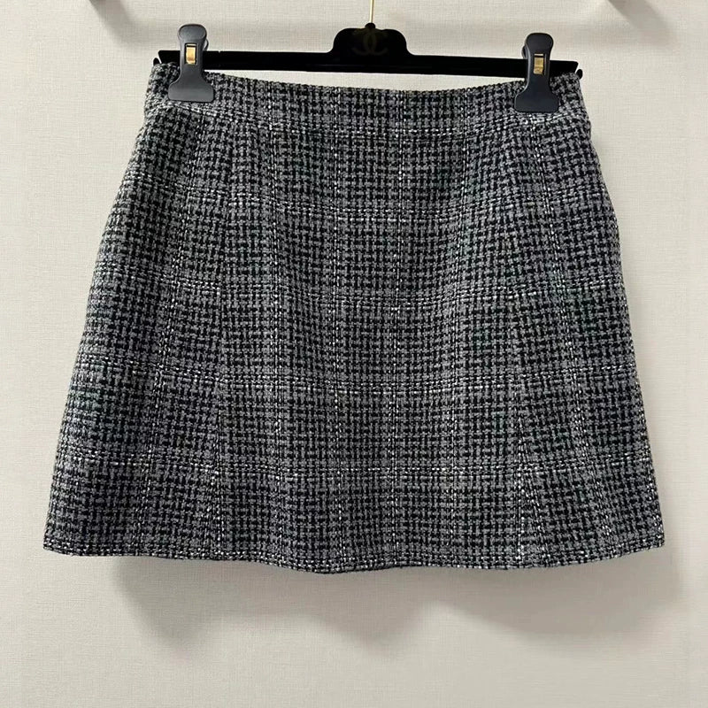 25 Early Autumn Vest Half Skirt High Waist Skinny Big Skirt Short Skirt Grey Sequined Wool Tweed Set