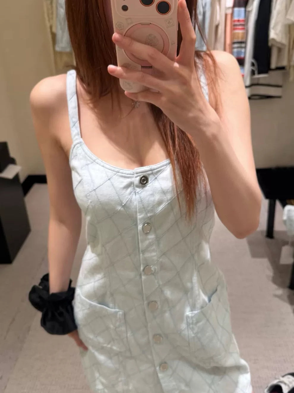 Spring, summer 26ss June, Nanyou summer new island beach embroidered rhombus lapel denim jacket + suspender skirt + trousers + shorts