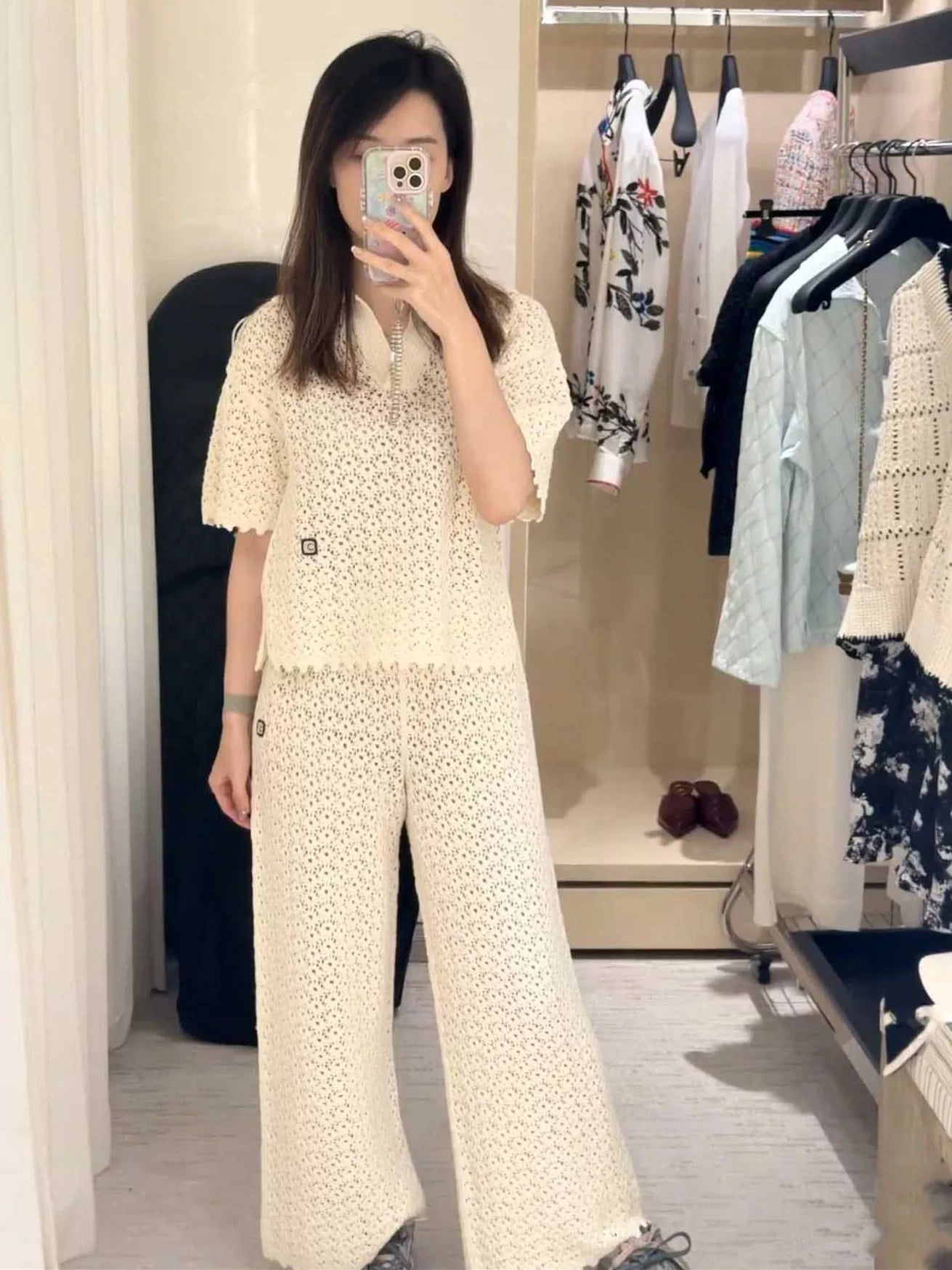 Spring and summer 26ss June, Nanyou 2026 spring and summer new solid color simple lapel hollow short sleeve loose simple versatile knitted sweater top