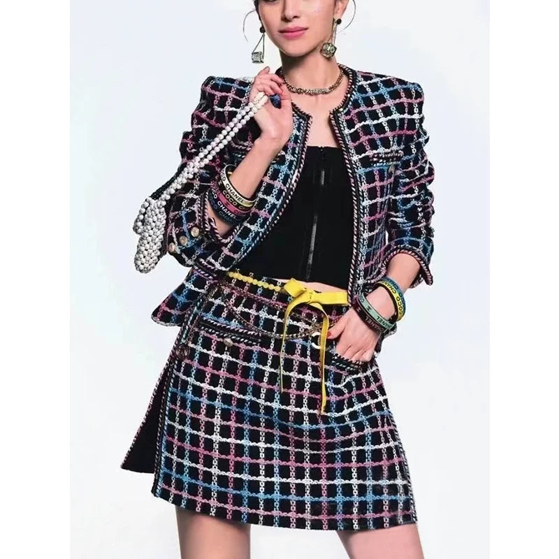 25 color strip plaid suit, coat, skirt, new early spring socialite, high-end sense, small man, thick woolen