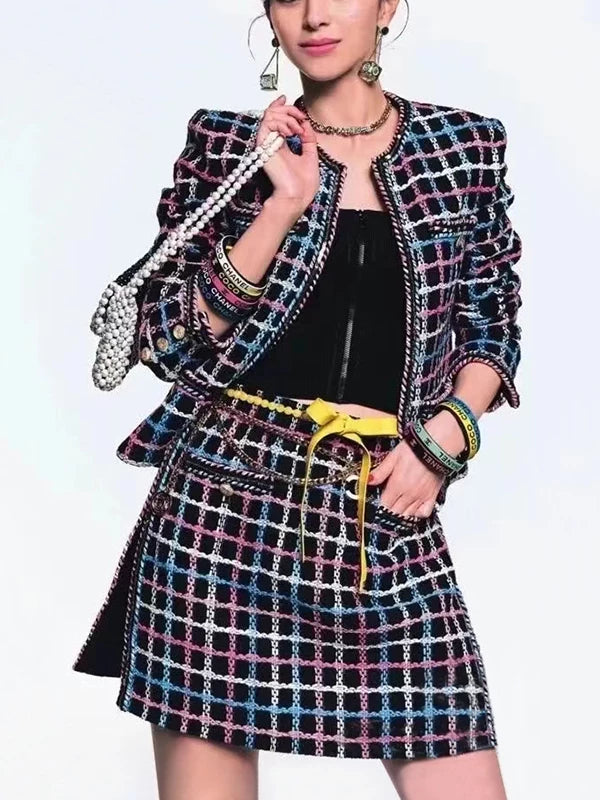 25 color strip plaid suit, coat, skirt, new early spring socialite, high-end sense, small man, thick woolen