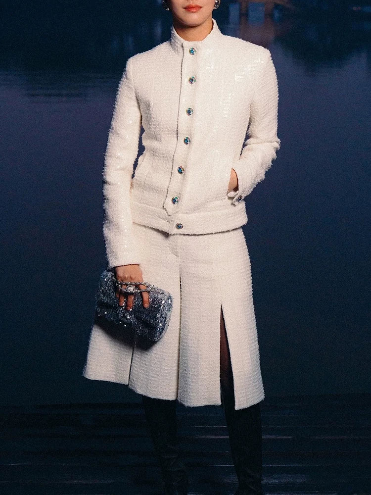 New jacket stand-up collar sequined thin split trousers fried street Internet celebrity fashionable foreign fashion suit women