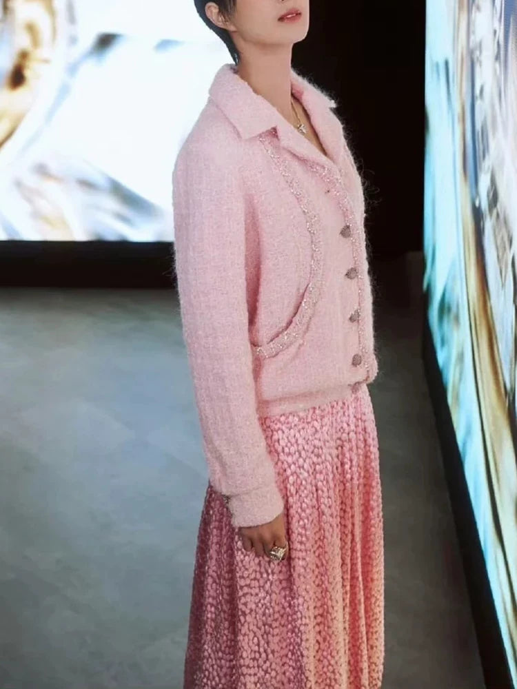 Celebrity wool tweed pink tweed coat women's suit collar high-end jacket top women's clothing autumn and winter