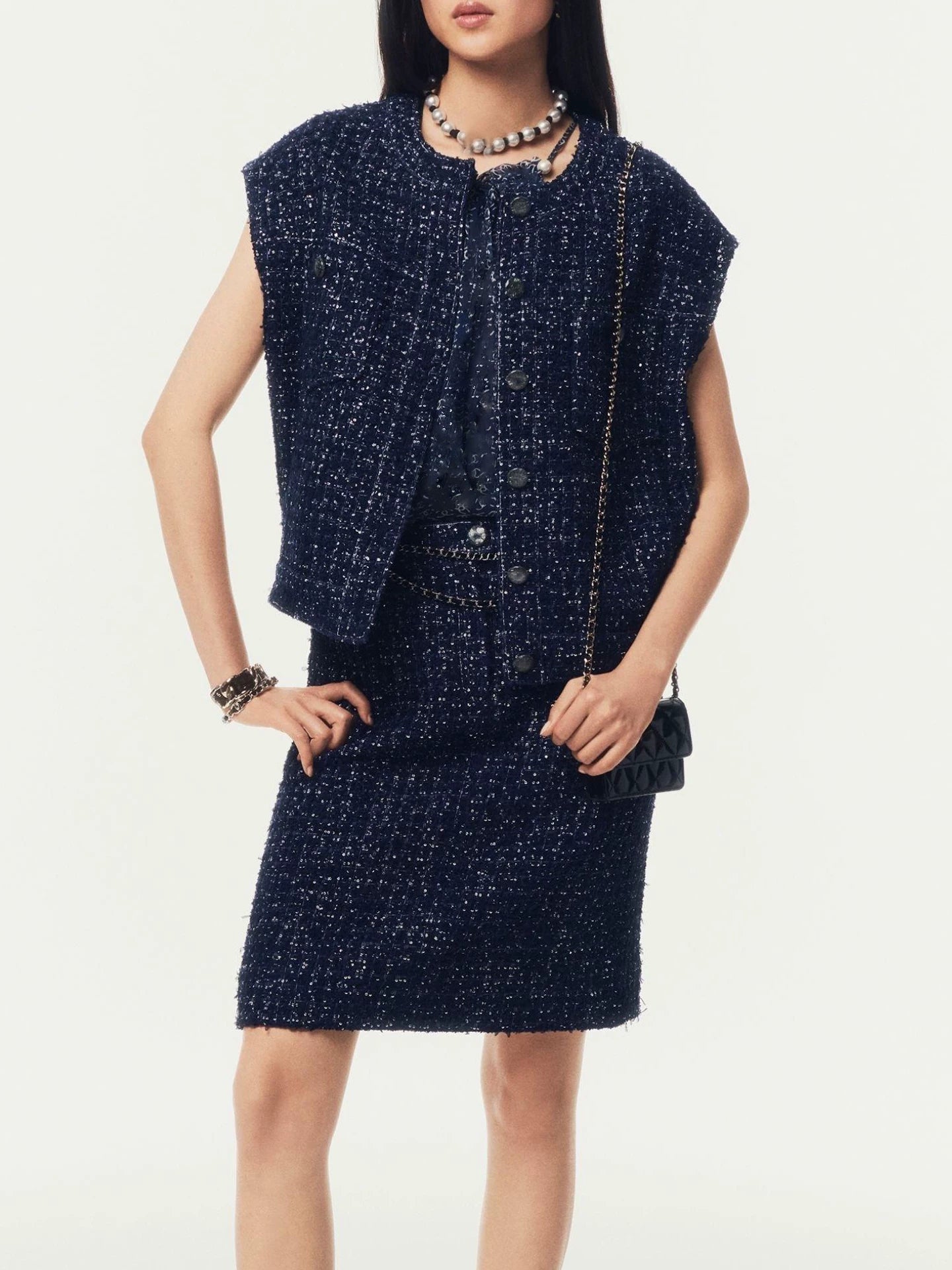 Two-piece unique chic vest vest tweed woven sleeveless temperament versatile skirt suit women