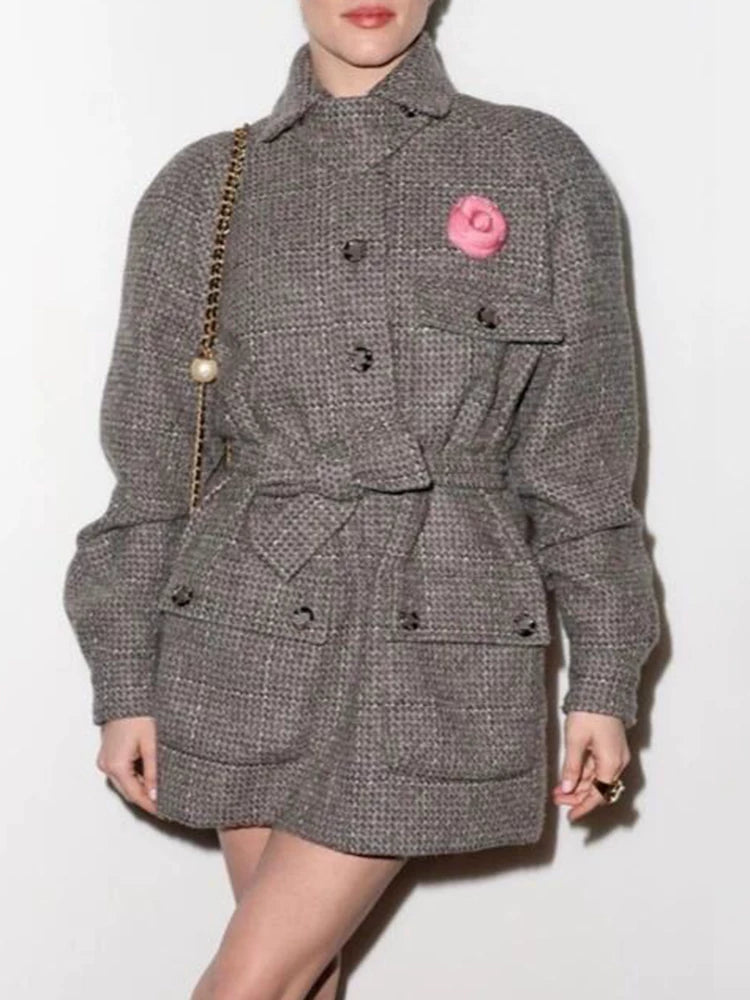 Autumn and winter new coat women's lapel belt gray wool tweed jacket medium and long coat