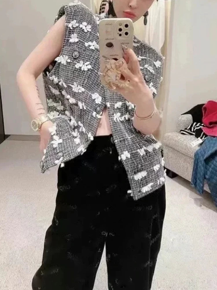 Spring and summer new vest women's high-end wool woven three-dimensional flower tweed stand-up collar sleeveless coat