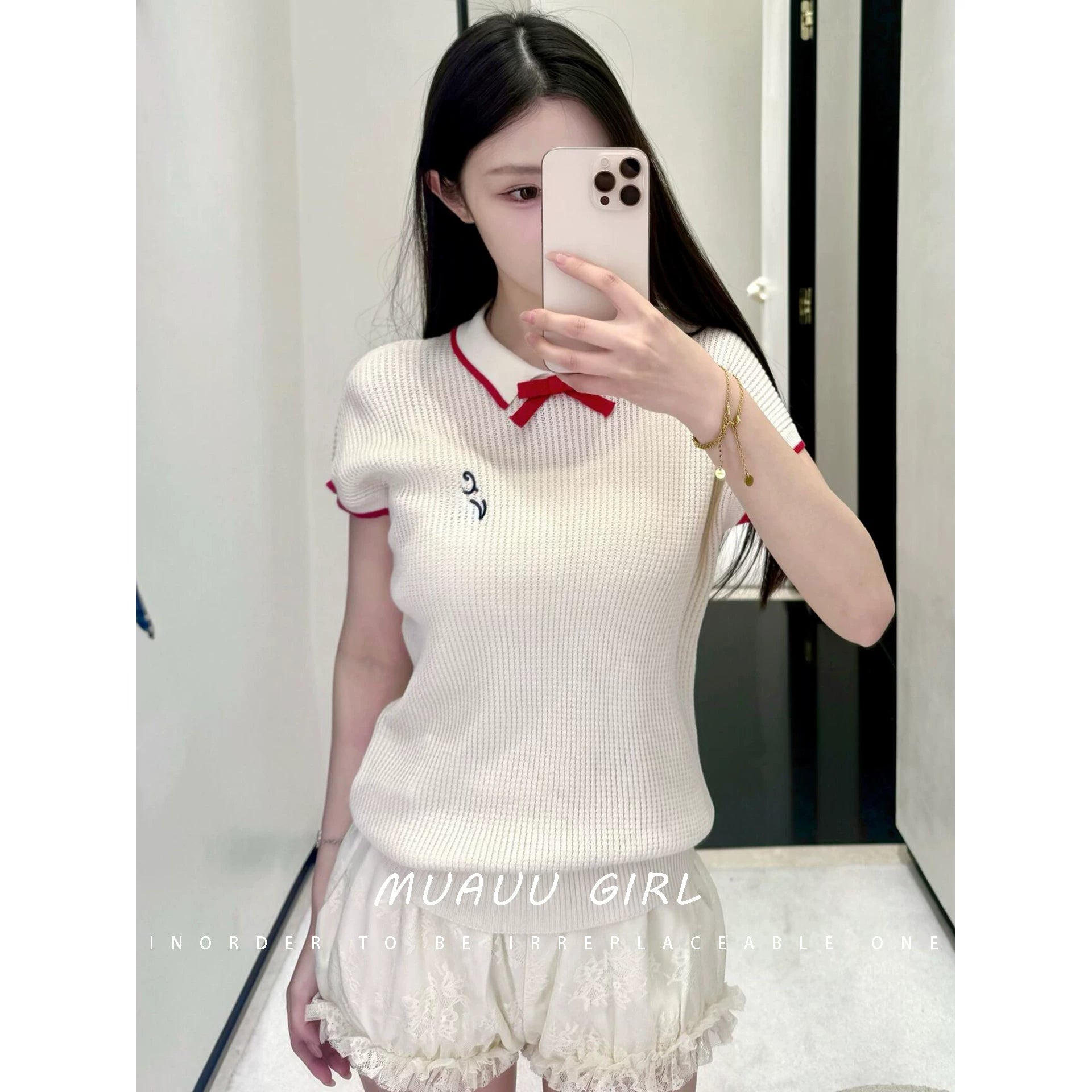 Spring/Summer 26ss June MUAUU GIRL Milk Salt Girl! 26SS College Wind Bow Letter Embroidered Knitted Sweater T-Shirt Top Women